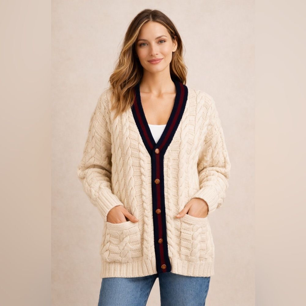 🤍 Vintage Brooks Brothers Cable Knit Cardigan – Wool – Navy & Burgundy Trim